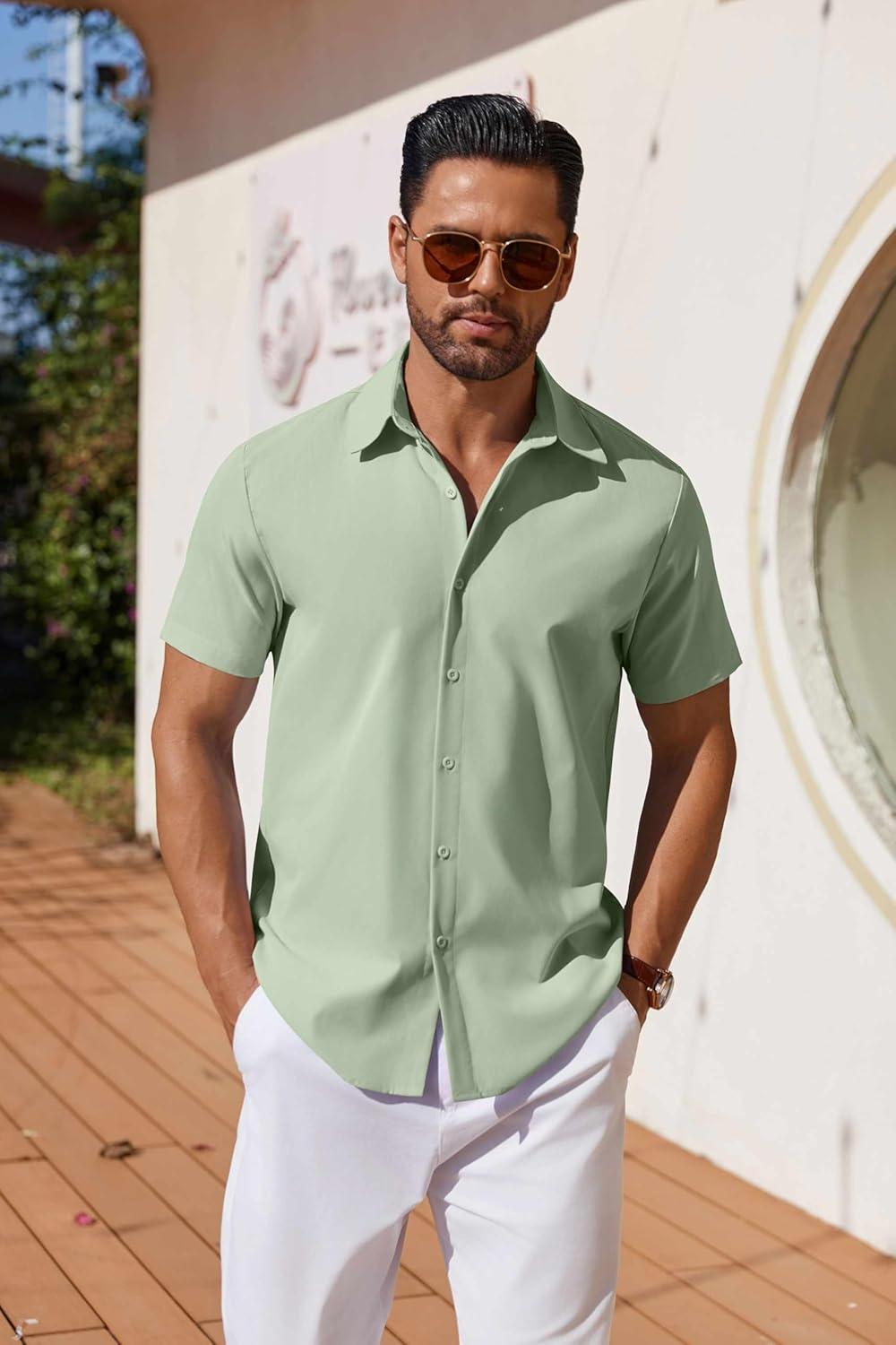 imageCOOFANDY Mens Button Down Shirts Short Sleeve Casual Shirt Summer Untucked Dress ShirtsLight Green