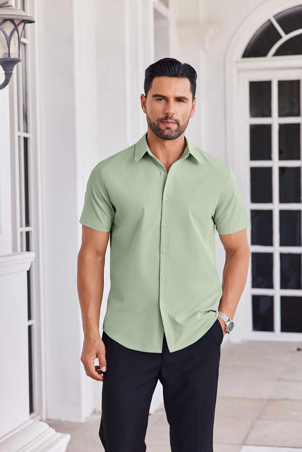 imageCOOFANDY Mens Button Down Shirts Short Sleeve Casual Shirt Summer Untucked Dress ShirtsLight Green