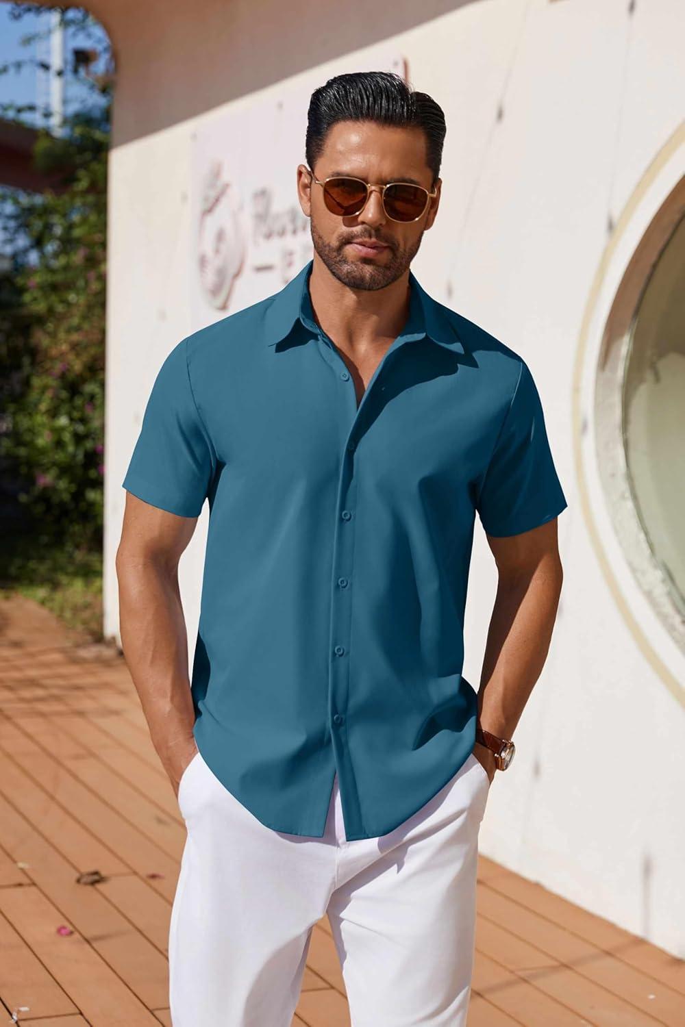 imageCOOFANDY Mens Button Down Shirts Short Sleeve Casual Shirt Summer Untucked Dress ShirtsMidnight Blue