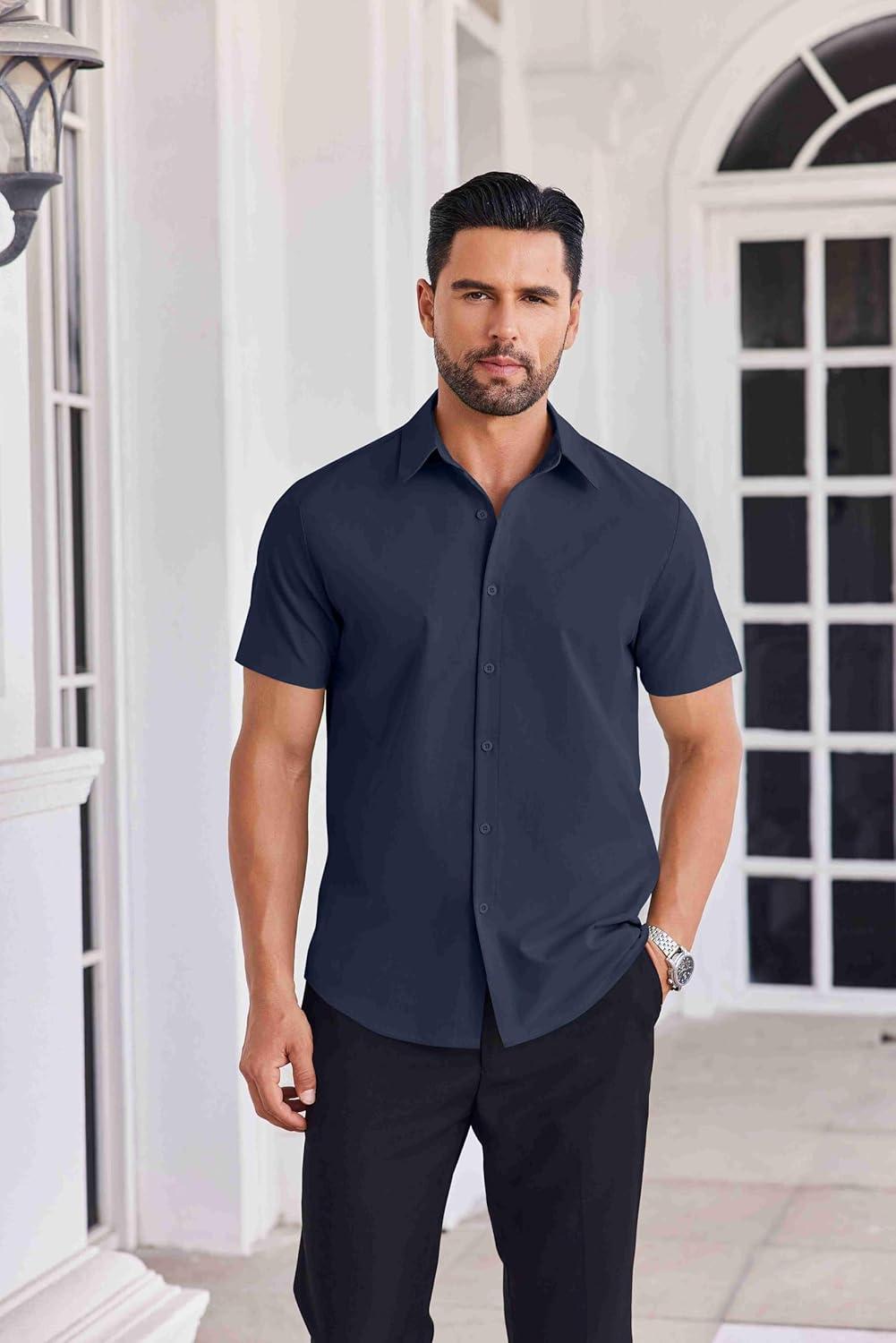 imageCOOFANDY Mens Button Down Shirts Short Sleeve Casual Shirt Summer Untucked Dress ShirtsNavy Blue