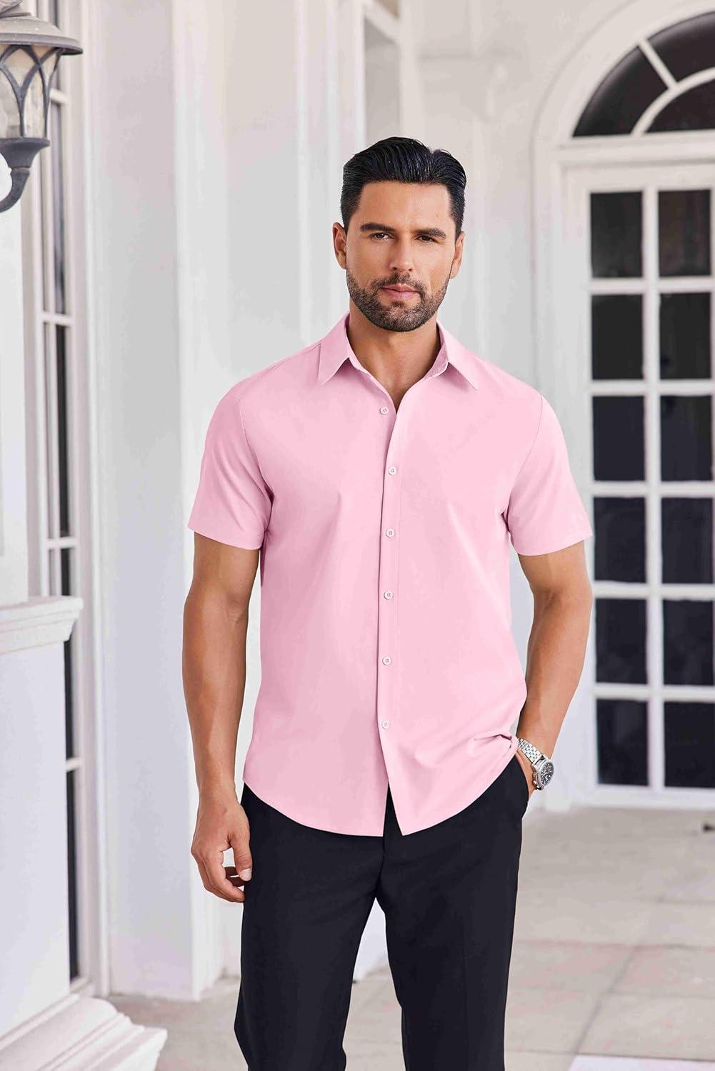 imageCOOFANDY Mens Button Down Shirts Short Sleeve Casual Shirt Summer Untucked Dress ShirtsPink