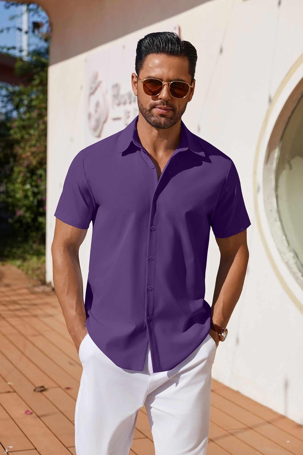 imageCOOFANDY Mens Button Down Shirts Short Sleeve Casual Shirt Summer Untucked Dress ShirtsPurple