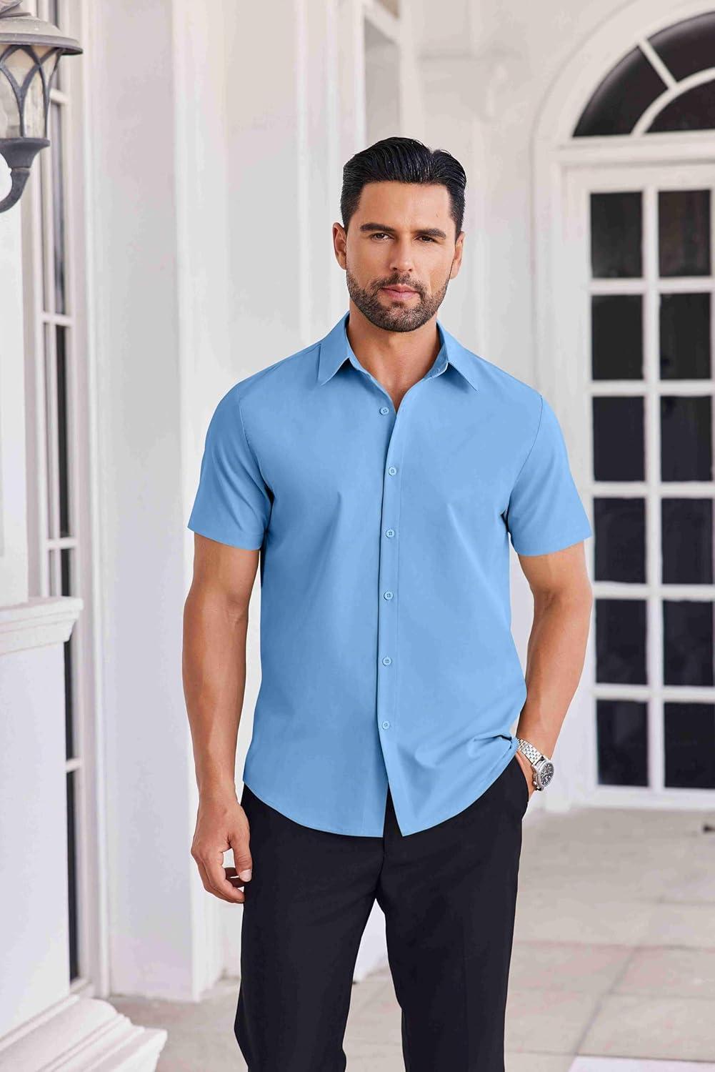 imageCOOFANDY Mens Button Down Shirts Short Sleeve Casual Shirt Summer Untucked Dress ShirtsSky Blue