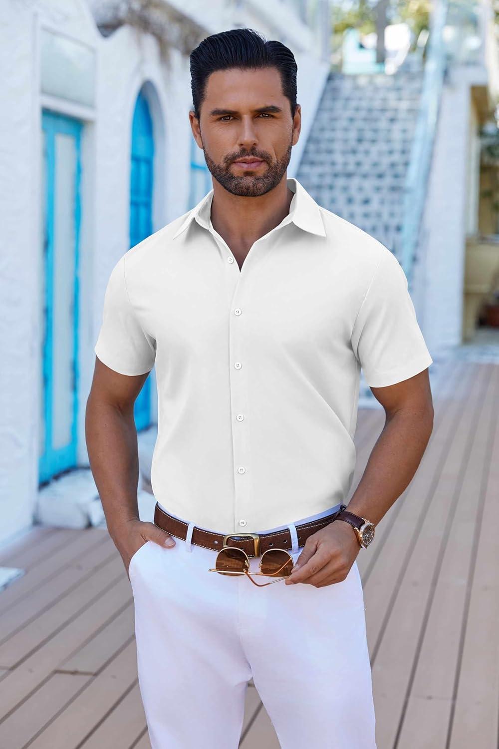 imageCOOFANDY Mens Button Down Shirts Short Sleeve Casual Shirt Summer Untucked Dress ShirtsWhite