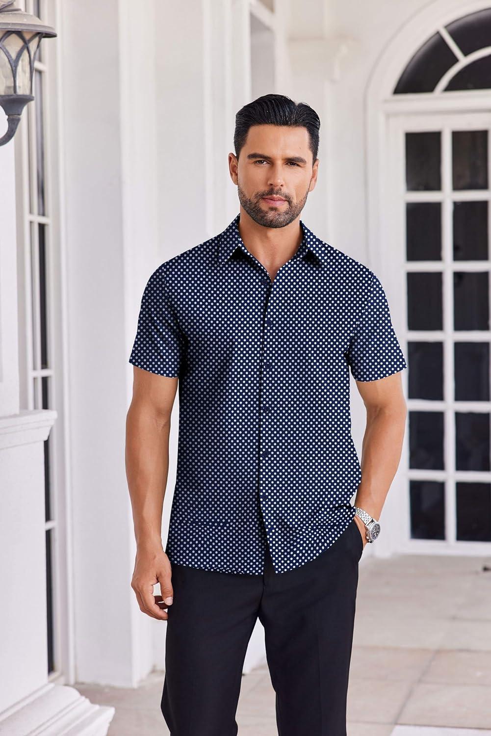 imageCOOFANDY Mens Button Down Shirts Short Sleeve Casual Shirt Summer Untucked Dress ShirtsWhite Dotnavy Blue