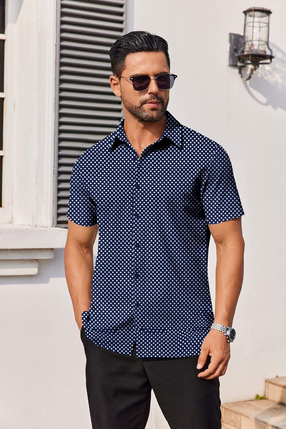 imageCOOFANDY Mens Button Down Shirts Short Sleeve Casual Shirt Summer Untucked Dress ShirtsWhite Dotnavy Blue