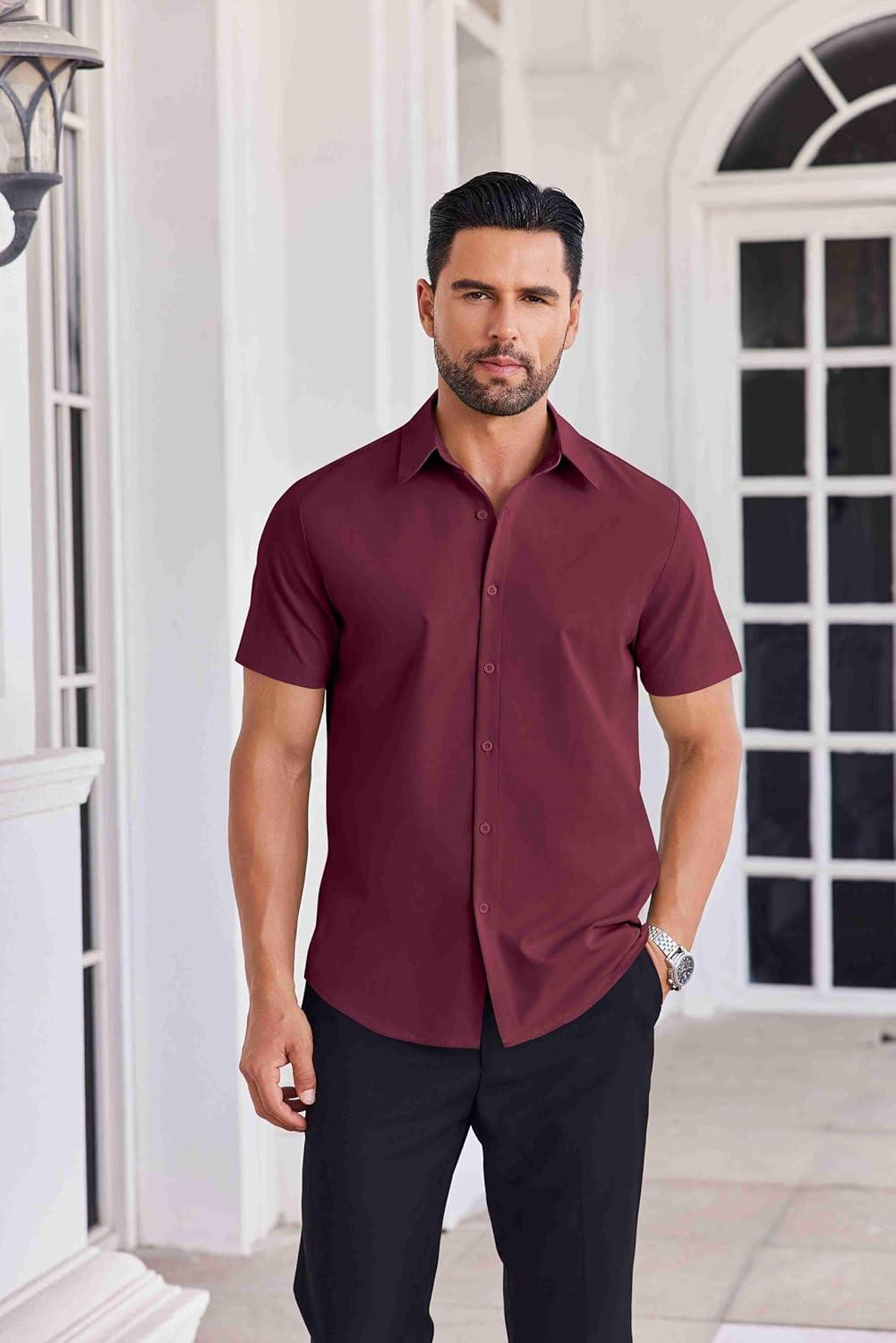 imageCOOFANDY Mens Button Down Shirts Short Sleeve Casual Shirt Summer Untucked Dress ShirtsWine Red