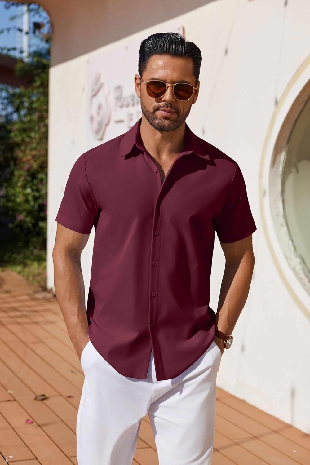 imageCOOFANDY Mens Button Down Shirts Short Sleeve Casual Shirt Summer Untucked Dress ShirtsWine Red