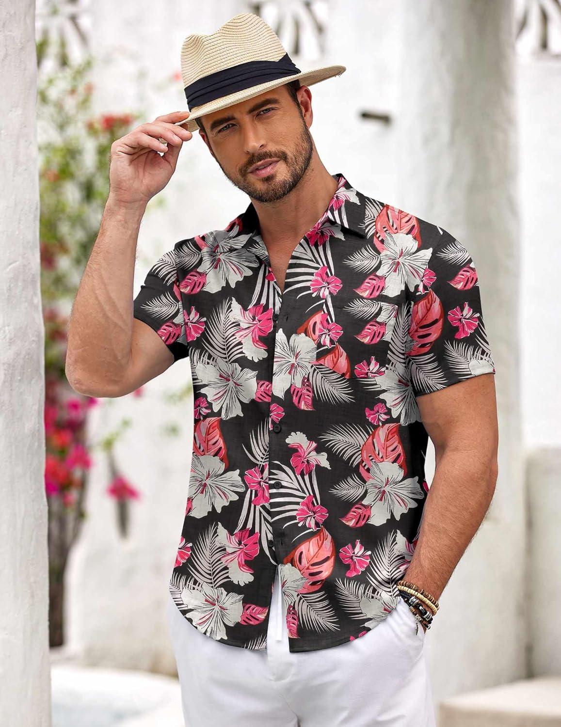 imageCOOFANDY Mens Button Down Short Sleeve Shirt Casual Shirts Summer Beach Textured Shirts with PocketBlackwhite Flowers