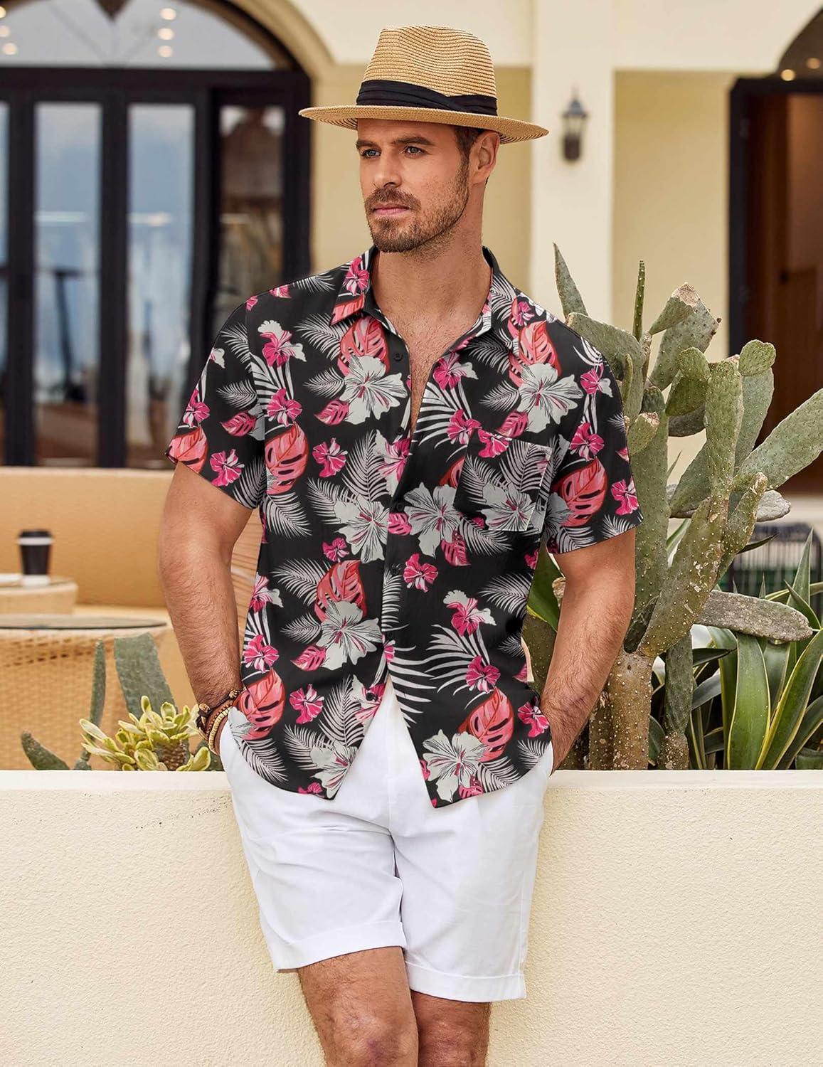 imageCOOFANDY Mens Button Down Short Sleeve Shirt Casual Shirts Summer Beach Textured Shirts with PocketBlackwhite Flowers
