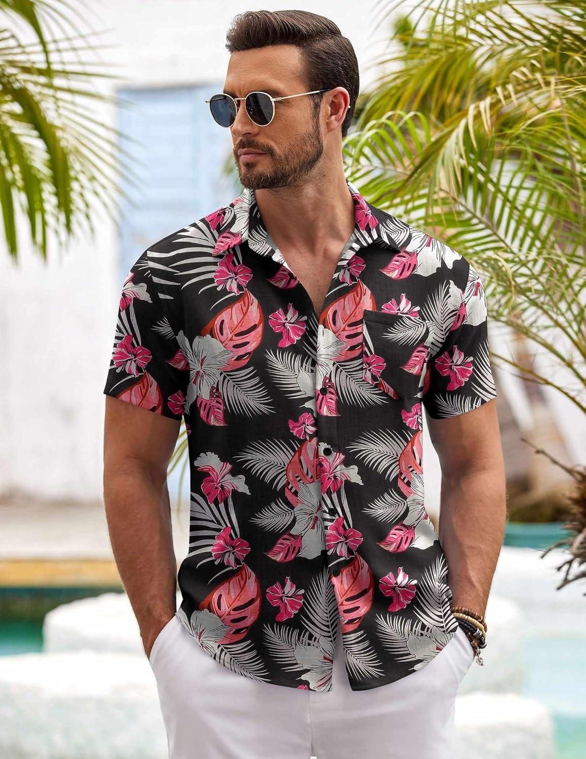 imageCOOFANDY Mens Button Down Short Sleeve Shirt Casual Shirts Summer Beach Textured Shirts with PocketBlackwhite Flowers