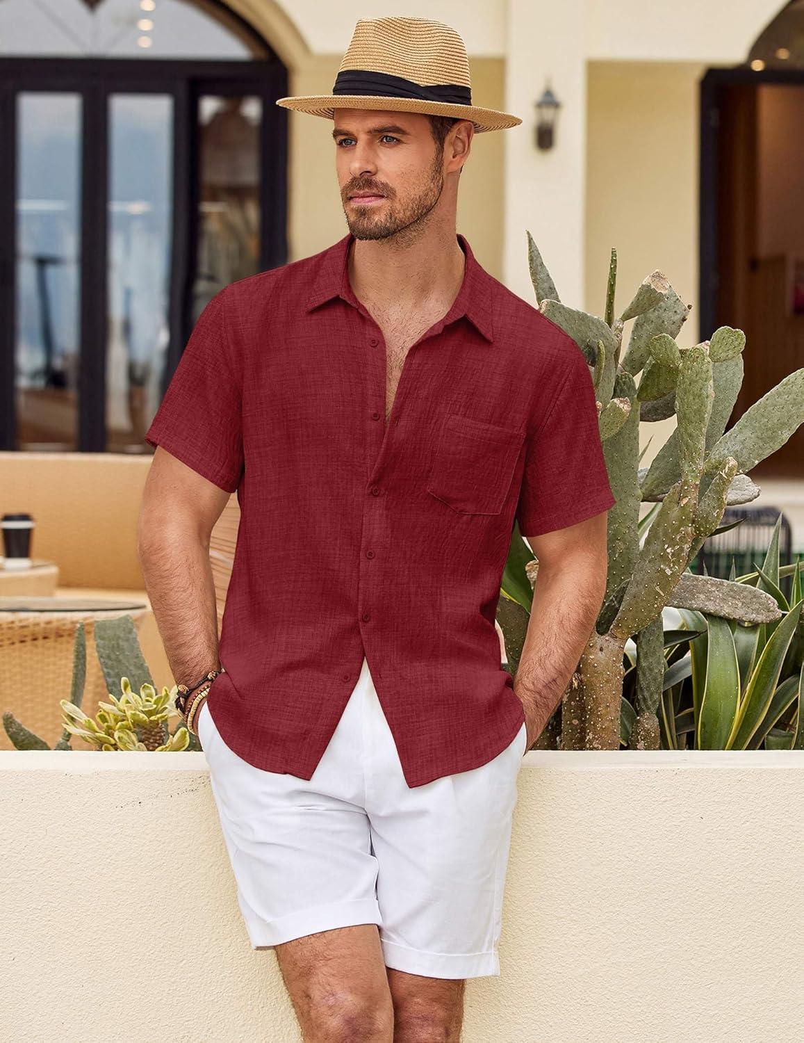 imageCOOFANDY Mens Button Down Short Sleeve Shirt Casual Shirts Summer Beach Textured Shirts with PocketBurgundy