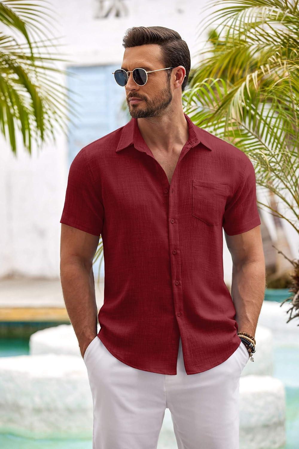 imageCOOFANDY Mens Button Down Short Sleeve Shirt Casual Shirts Summer Beach Textured Shirts with PocketBurgundy