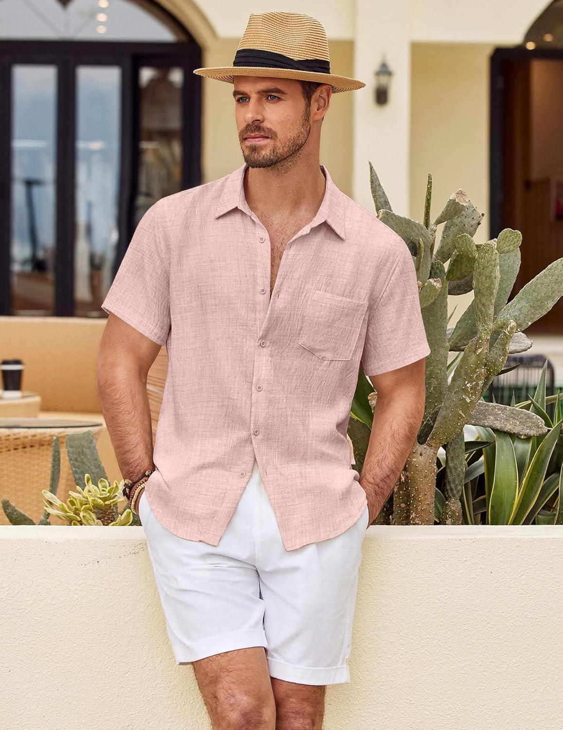 imageCOOFANDY Mens Button Down Short Sleeve Shirt Casual Shirts Summer Beach Textured Shirts with PocketChampagne Pink
