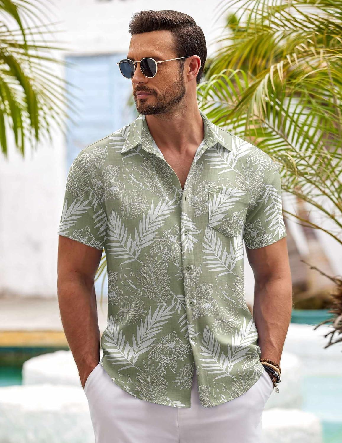 imageCOOFANDY Mens Button Down Short Sleeve Shirt Casual Shirts Summer Beach Textured Shirts with PocketGreenwhite Leaves