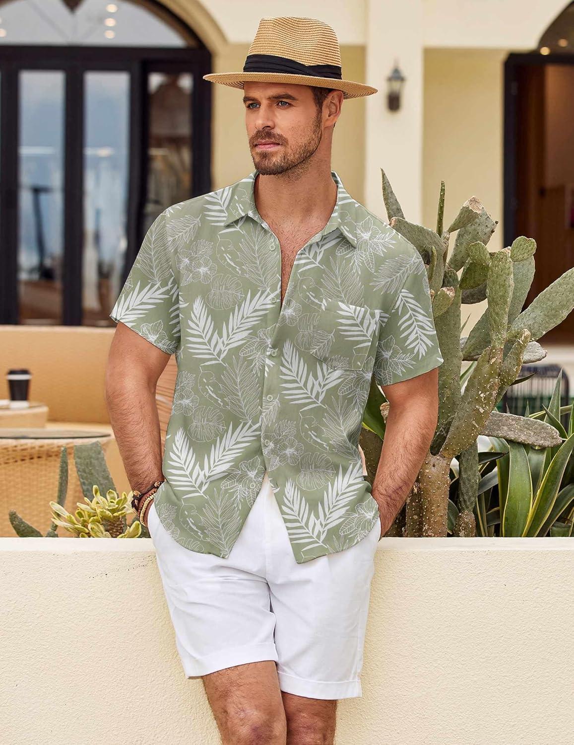 imageCOOFANDY Mens Button Down Short Sleeve Shirt Casual Shirts Summer Beach Textured Shirts with PocketGreenwhite Leaves