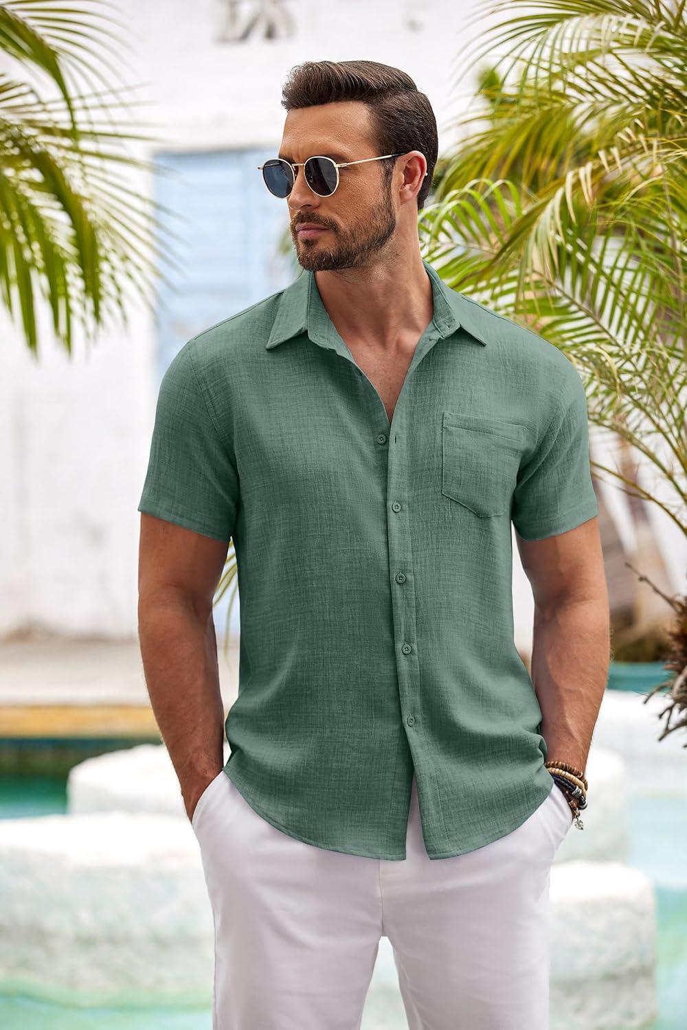 imageCOOFANDY Mens Button Down Short Sleeve Shirt Casual Shirts Summer Beach Textured Shirts with PocketGrey Green