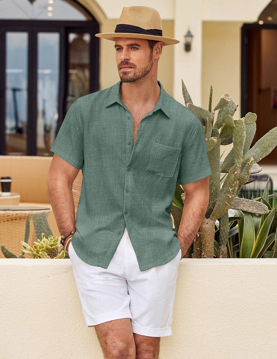 imageCOOFANDY Mens Button Down Short Sleeve Shirt Casual Shirts Summer Beach Textured Shirts with PocketGrey Green