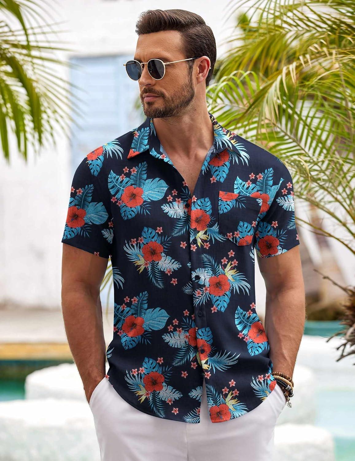 imageCOOFANDY Mens Button Down Short Sleeve Shirt Casual Shirts Summer Beach Textured Shirts with PocketNavyblue Flowers