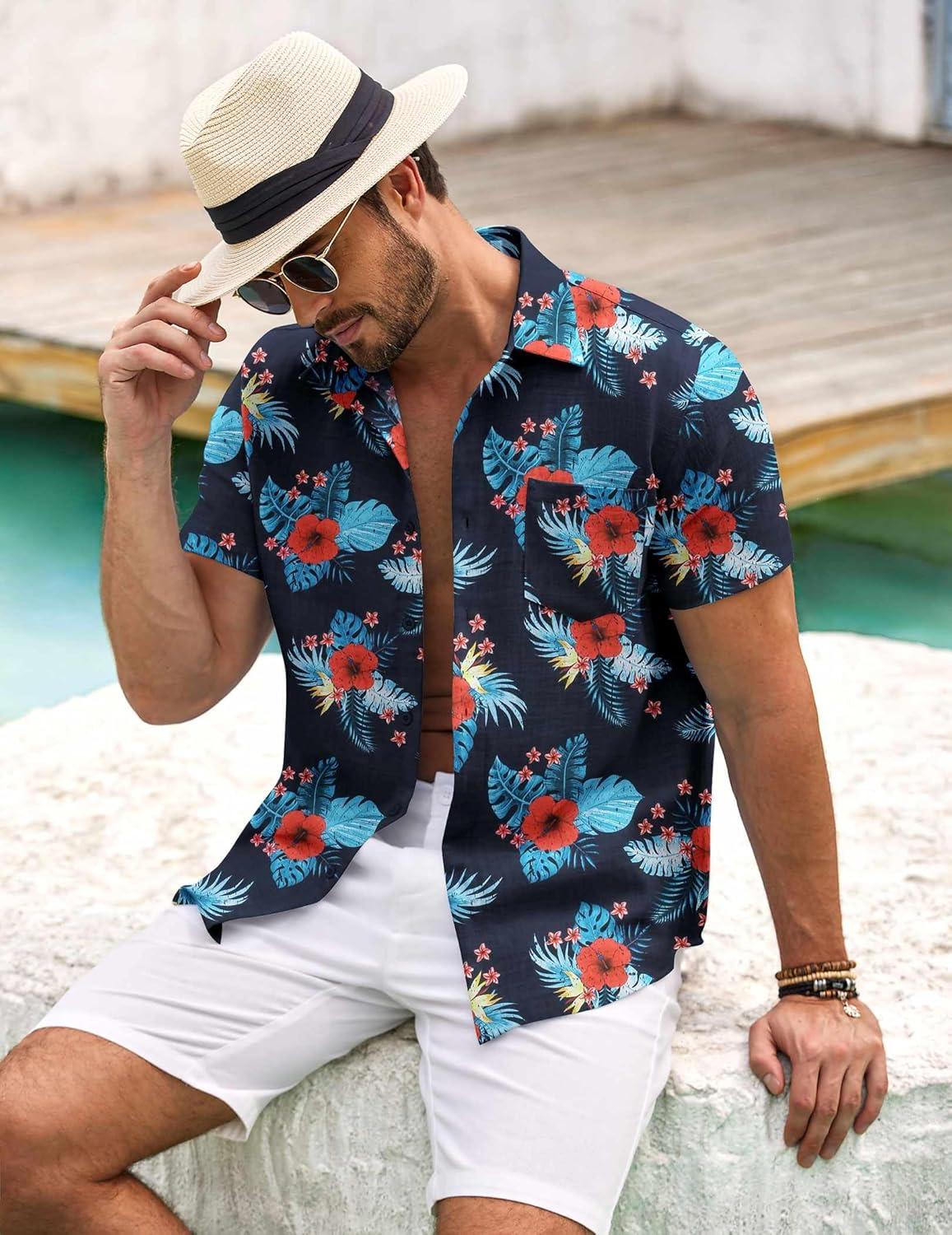 imageCOOFANDY Mens Button Down Short Sleeve Shirt Casual Shirts Summer Beach Textured Shirts with PocketNavyblue Flowers