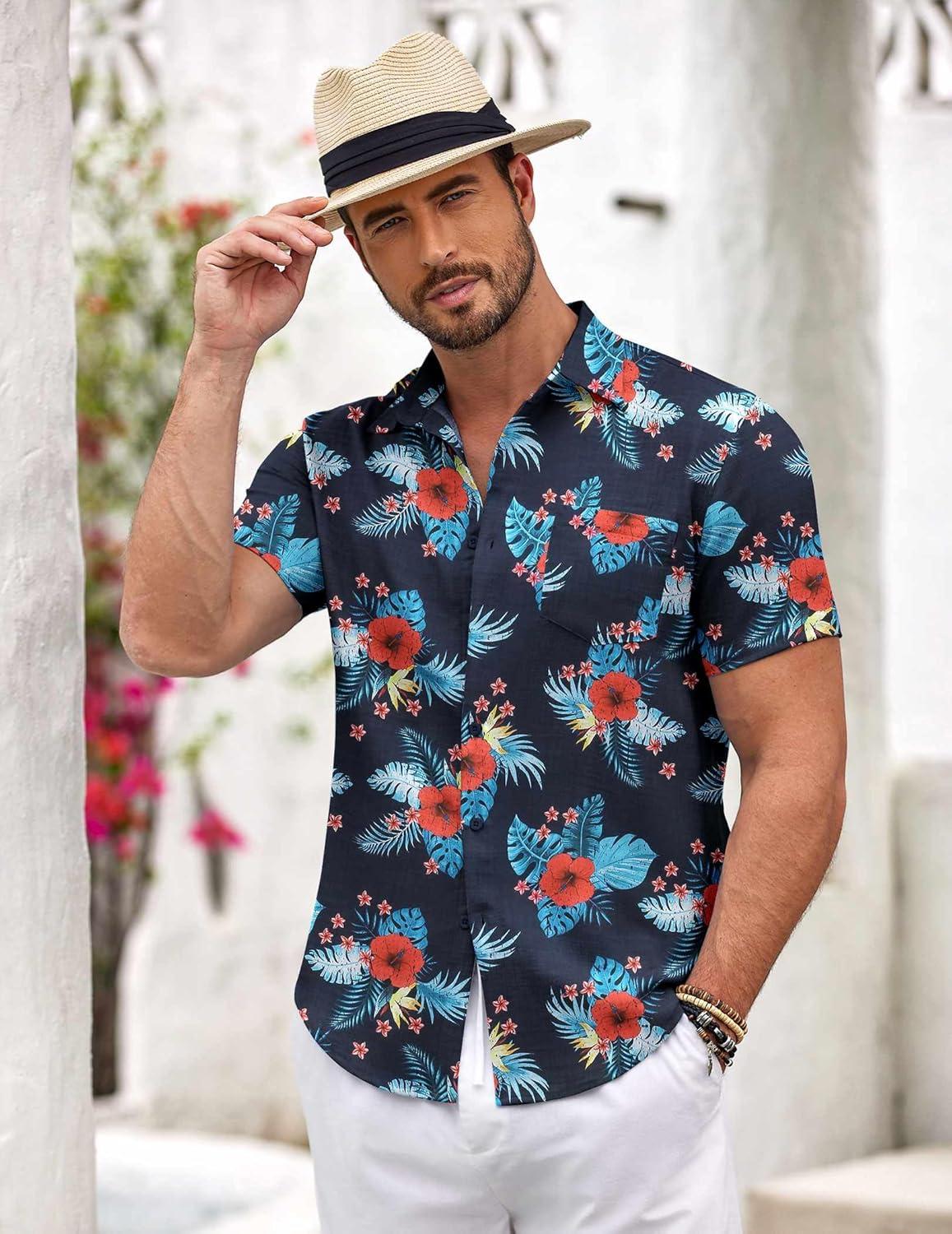 imageCOOFANDY Mens Button Down Short Sleeve Shirt Casual Shirts Summer Beach Textured Shirts with PocketNavyblue Flowers