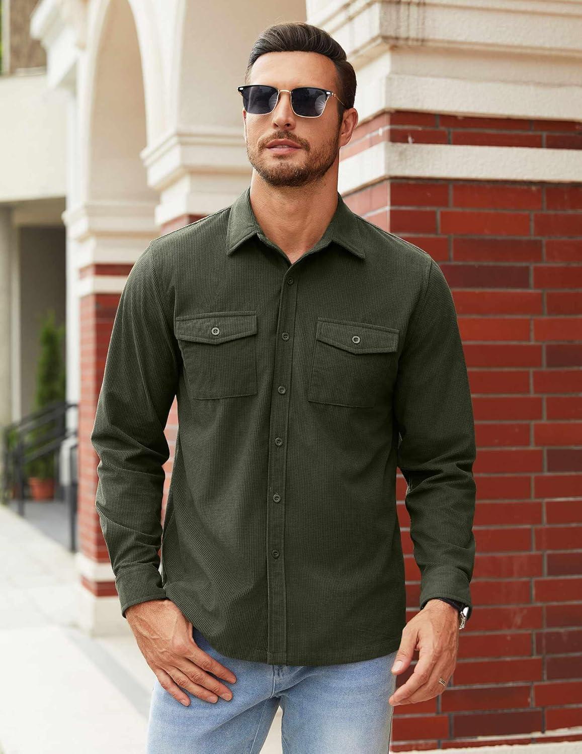 imageCOOFANDY Mens Button Down Waffle Shirt Jacket Casual Long Sleeve Shacket Lightweight Overshirts with Flap PocketsArmy Green