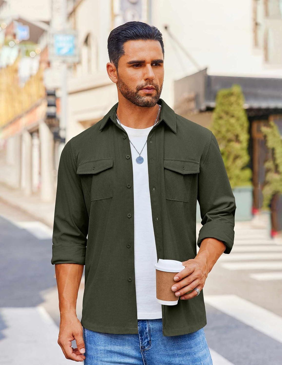 imageCOOFANDY Mens Button Down Waffle Shirt Jacket Casual Long Sleeve Shacket Lightweight Overshirts with Flap PocketsArmy Green