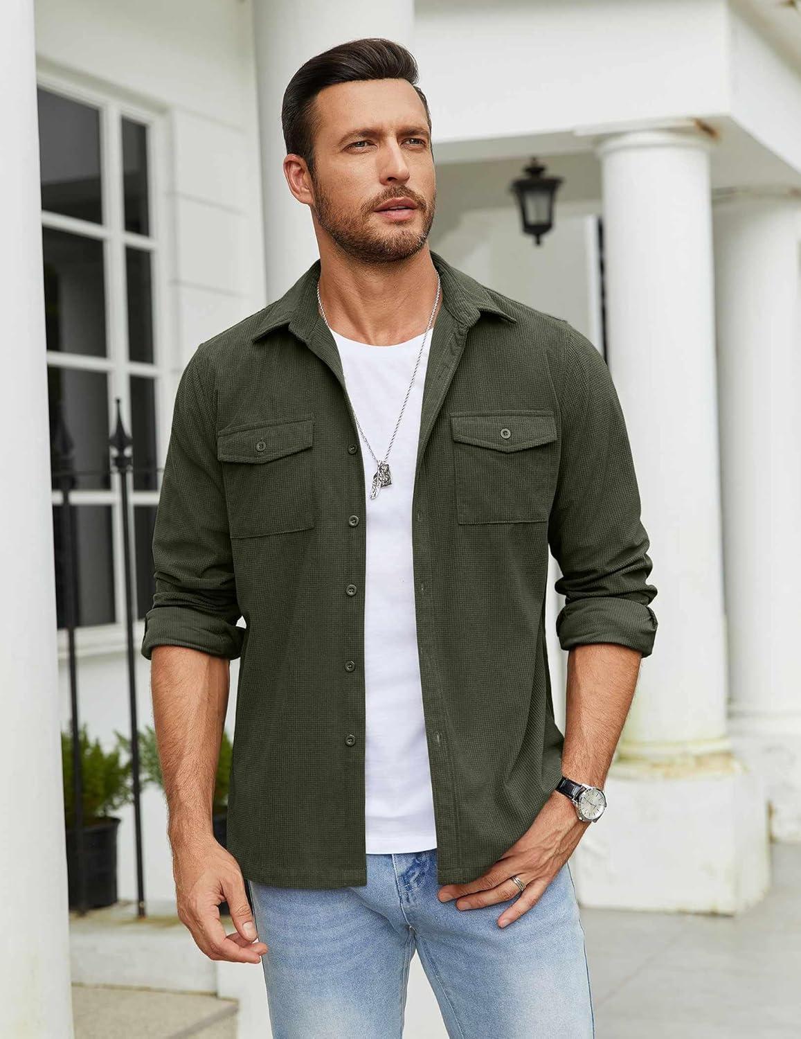 imageCOOFANDY Mens Button Down Waffle Shirt Jacket Casual Long Sleeve Shacket Lightweight Overshirts with Flap PocketsArmy Green
