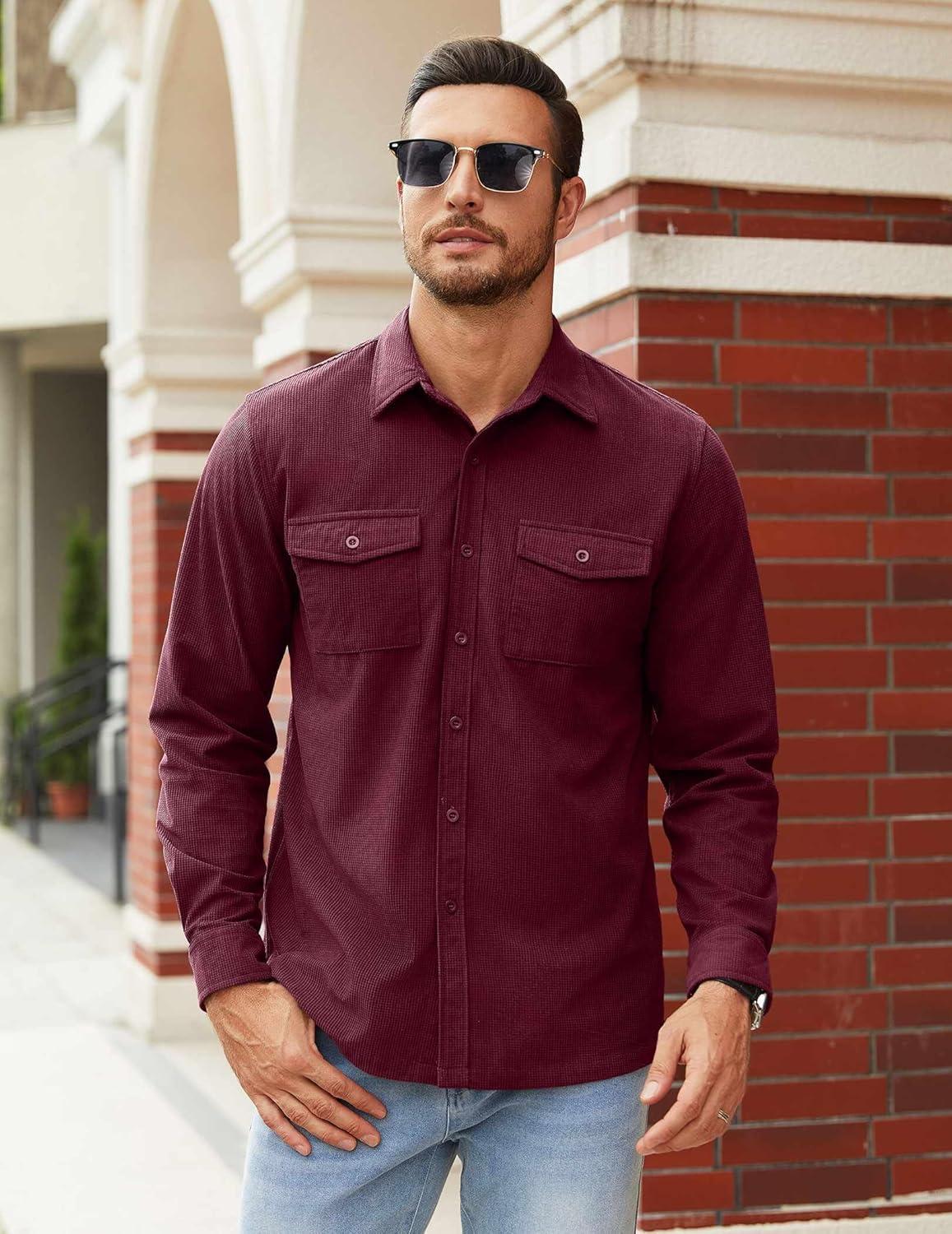 imageCOOFANDY Mens Button Down Waffle Shirt Jacket Casual Long Sleeve Shacket Lightweight Overshirts with Flap PocketsDeep Red