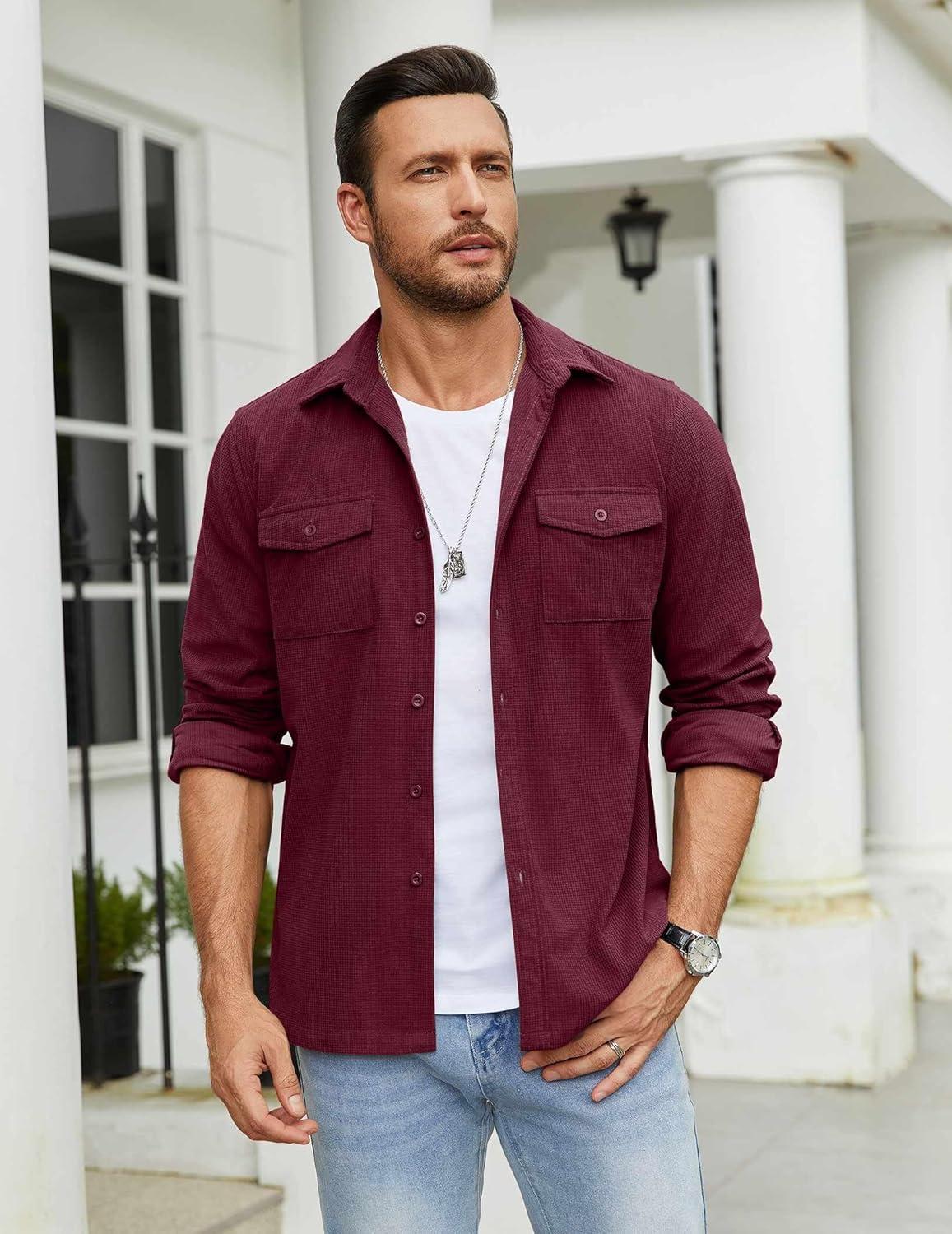 imageCOOFANDY Mens Button Down Waffle Shirt Jacket Casual Long Sleeve Shacket Lightweight Overshirts with Flap PocketsDeep Red