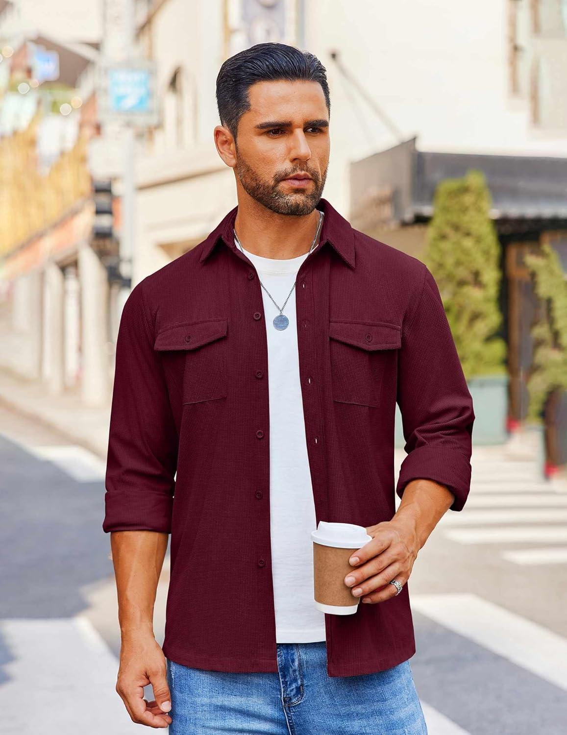 imageCOOFANDY Mens Button Down Waffle Shirt Jacket Casual Long Sleeve Shacket Lightweight Overshirts with Flap PocketsDeep Red