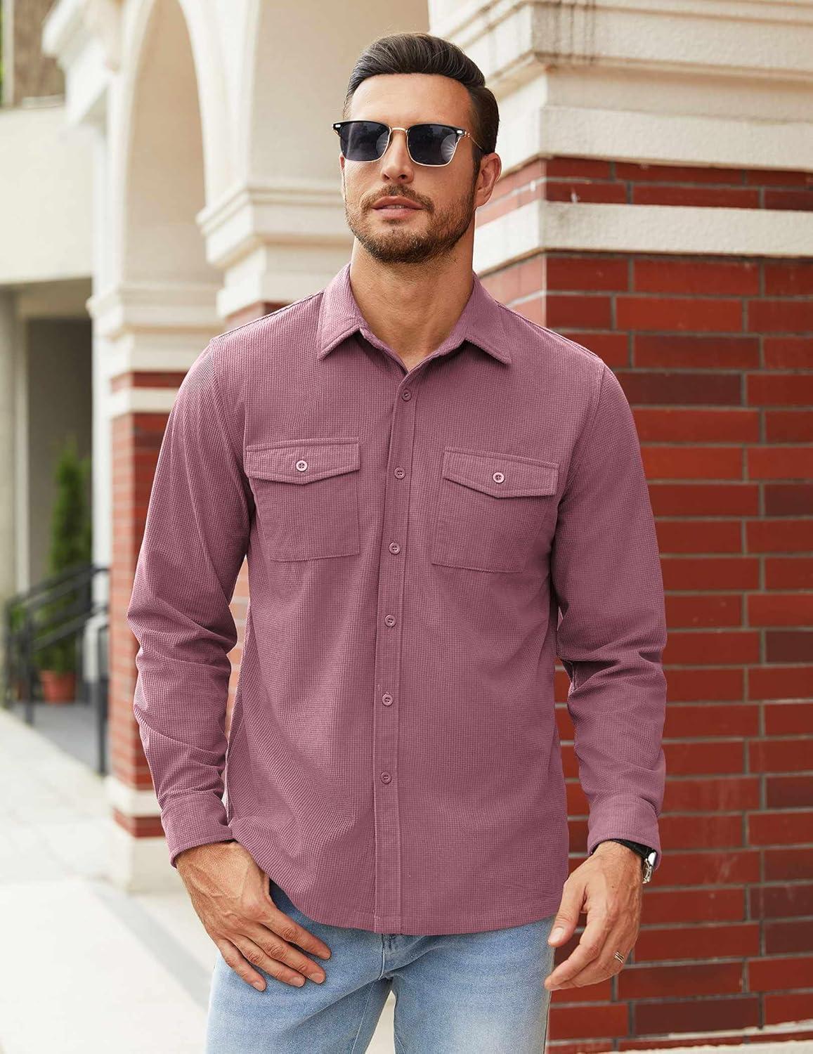 imageCOOFANDY Mens Button Down Waffle Shirt Jacket Casual Long Sleeve Shacket Lightweight Overshirts with Flap PocketsGray Purple
