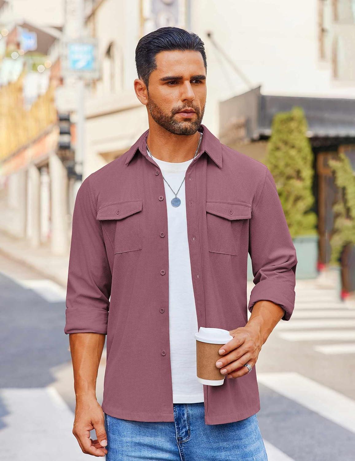 imageCOOFANDY Mens Button Down Waffle Shirt Jacket Casual Long Sleeve Shacket Lightweight Overshirts with Flap PocketsGray Purple