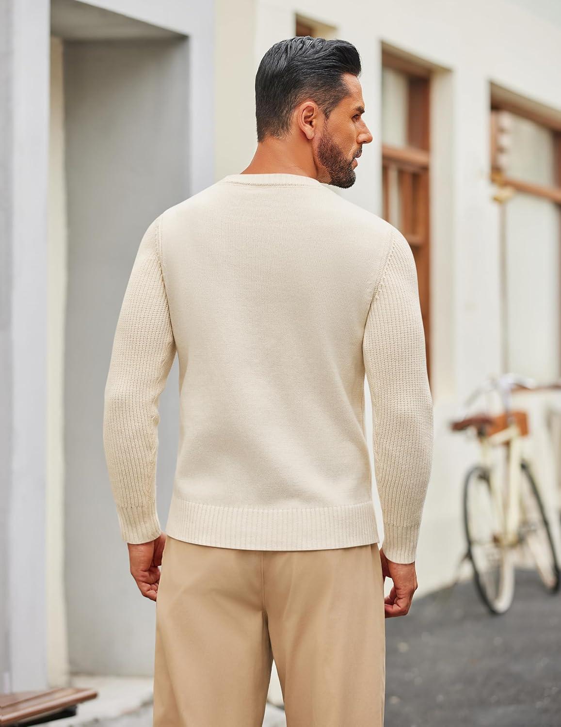 imageCOOFANDY Mens Cable Knit Sweater Casual Long Leeve Crewneck Pullover Sweaters Twist Textured Fisherman SweaterApricot