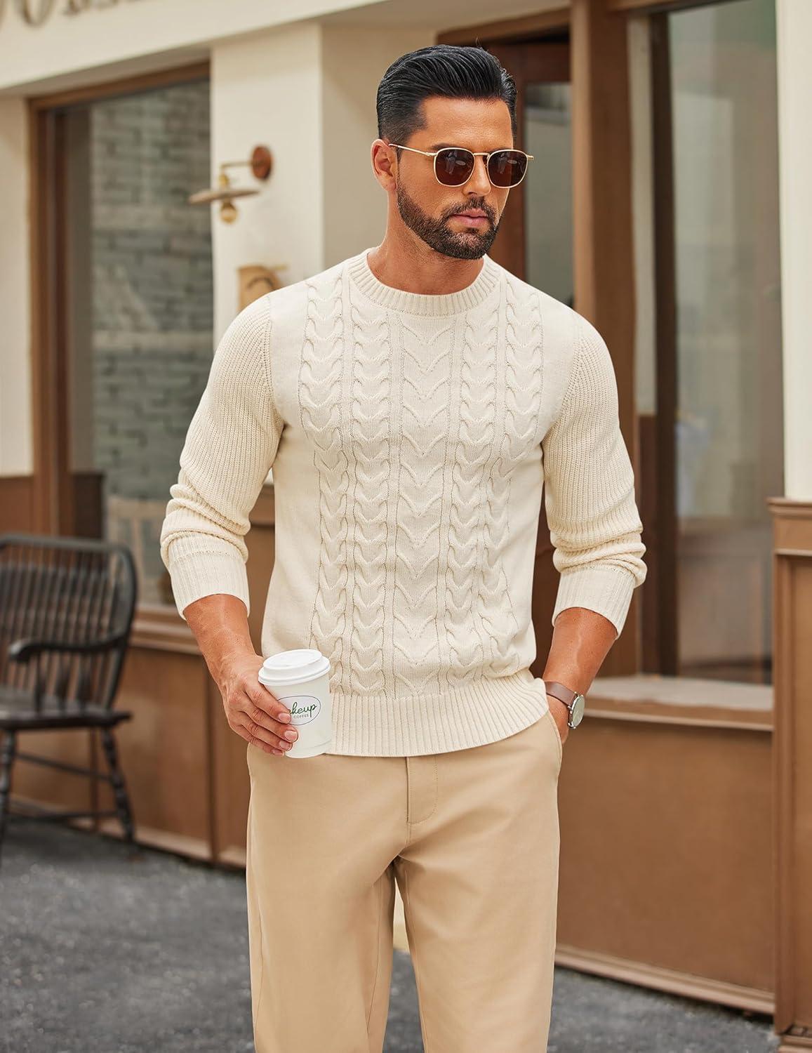 imageCOOFANDY Mens Cable Knit Sweater Casual Long Leeve Crewneck Pullover Sweaters Twist Textured Fisherman SweaterApricot