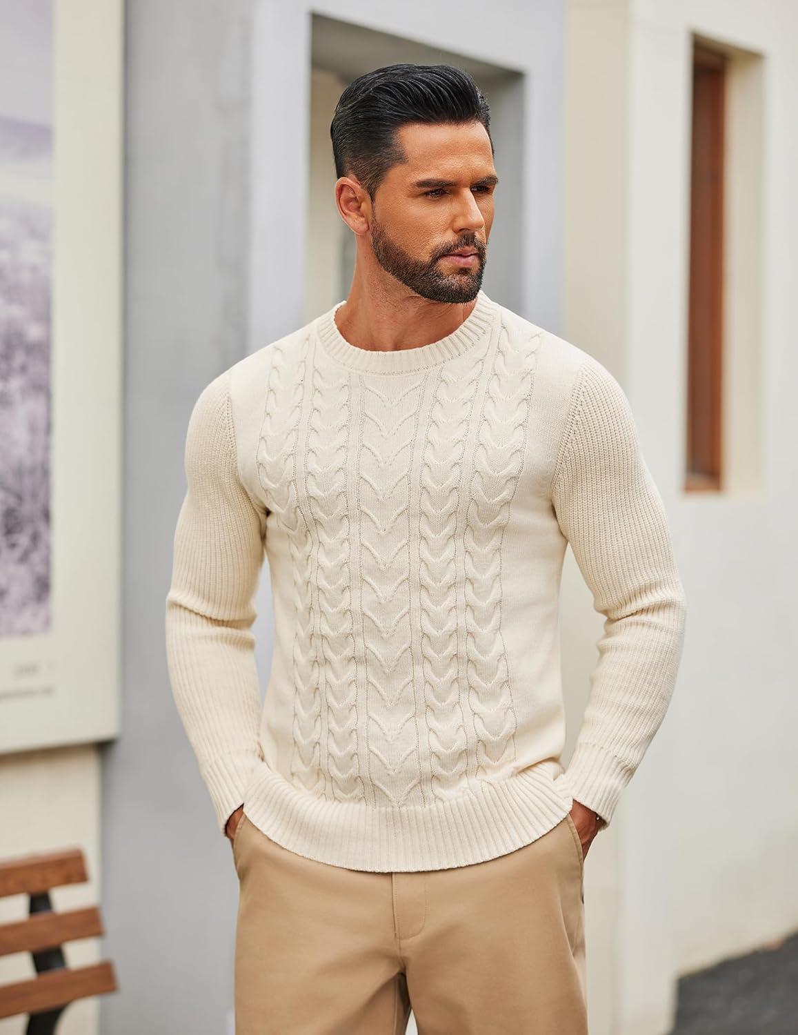 imageCOOFANDY Mens Cable Knit Sweater Casual Long Leeve Crewneck Pullover Sweaters Twist Textured Fisherman SweaterApricot