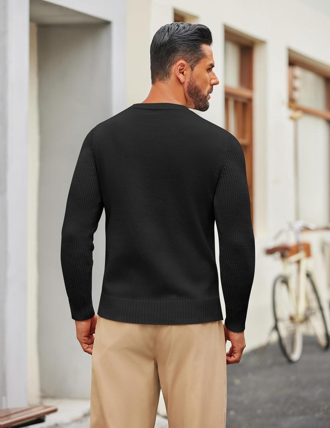 imageCOOFANDY Mens Cable Knit Sweater Casual Long Leeve Crewneck Pullover Sweaters Twist Textured Fisherman SweaterBlack