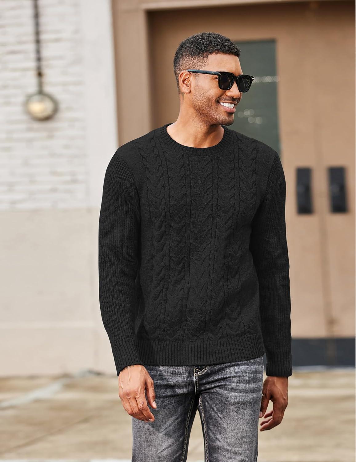 imageCOOFANDY Mens Cable Knit Sweater Casual Long Leeve Crewneck Pullover Sweaters Twist Textured Fisherman SweaterBlack