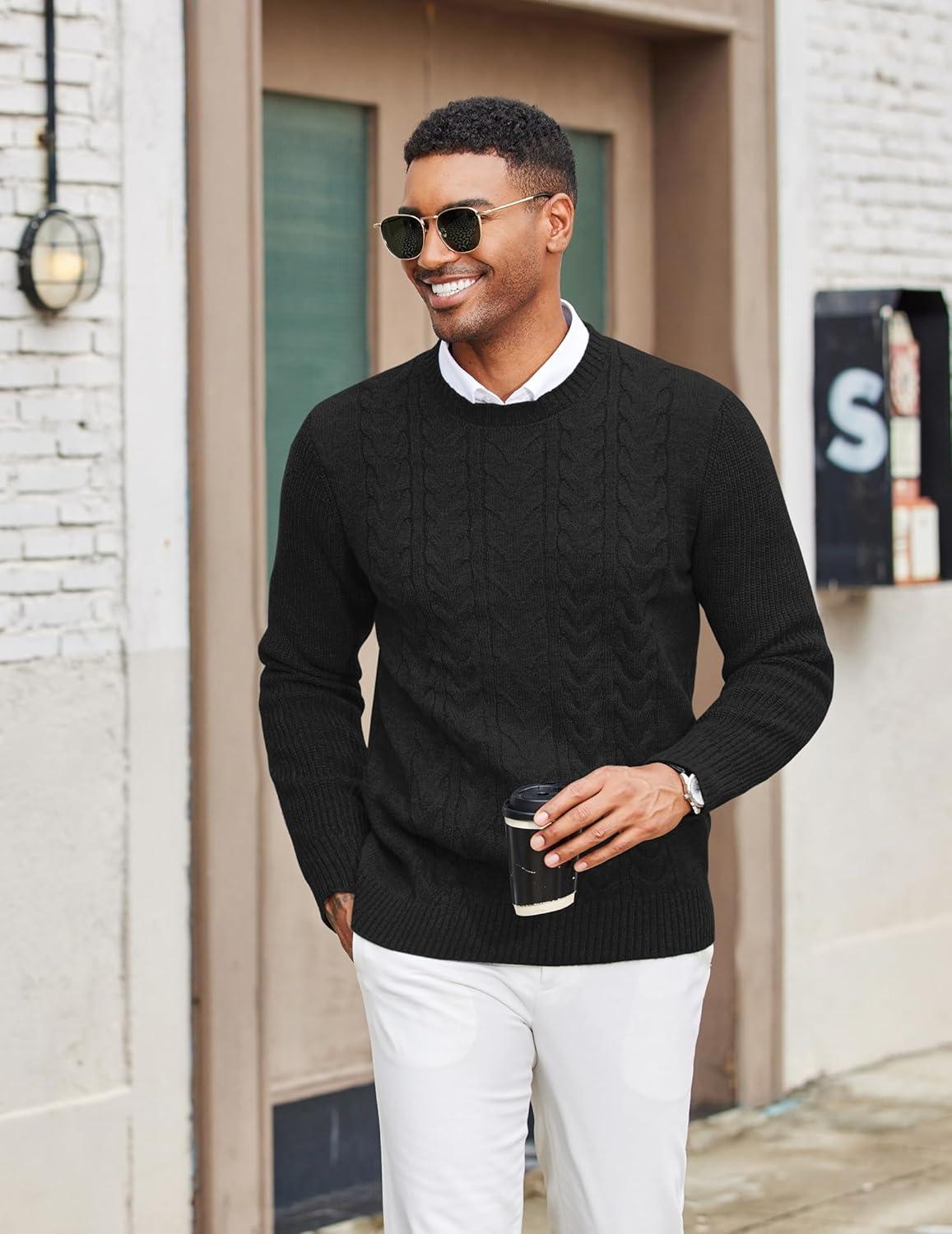 imageCOOFANDY Mens Cable Knit Sweater Casual Long Leeve Crewneck Pullover Sweaters Twist Textured Fisherman SweaterBlack