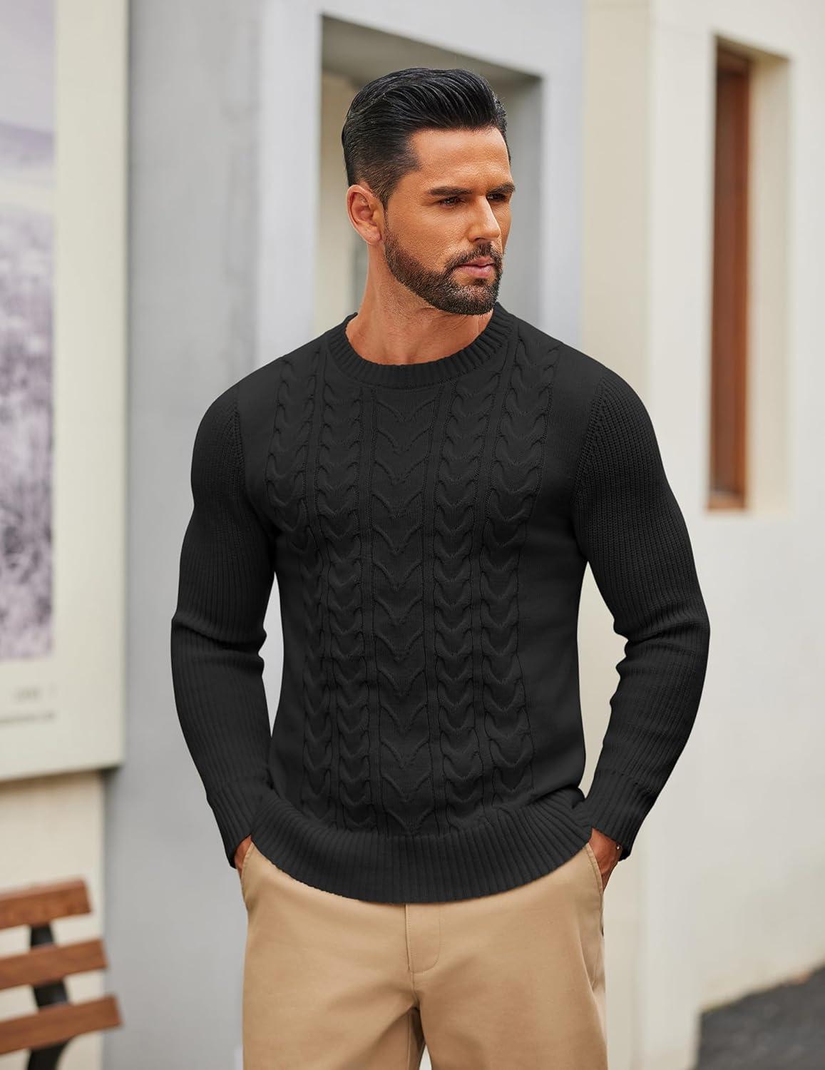 imageCOOFANDY Mens Cable Knit Sweater Casual Long Leeve Crewneck Pullover Sweaters Twist Textured Fisherman SweaterBlack