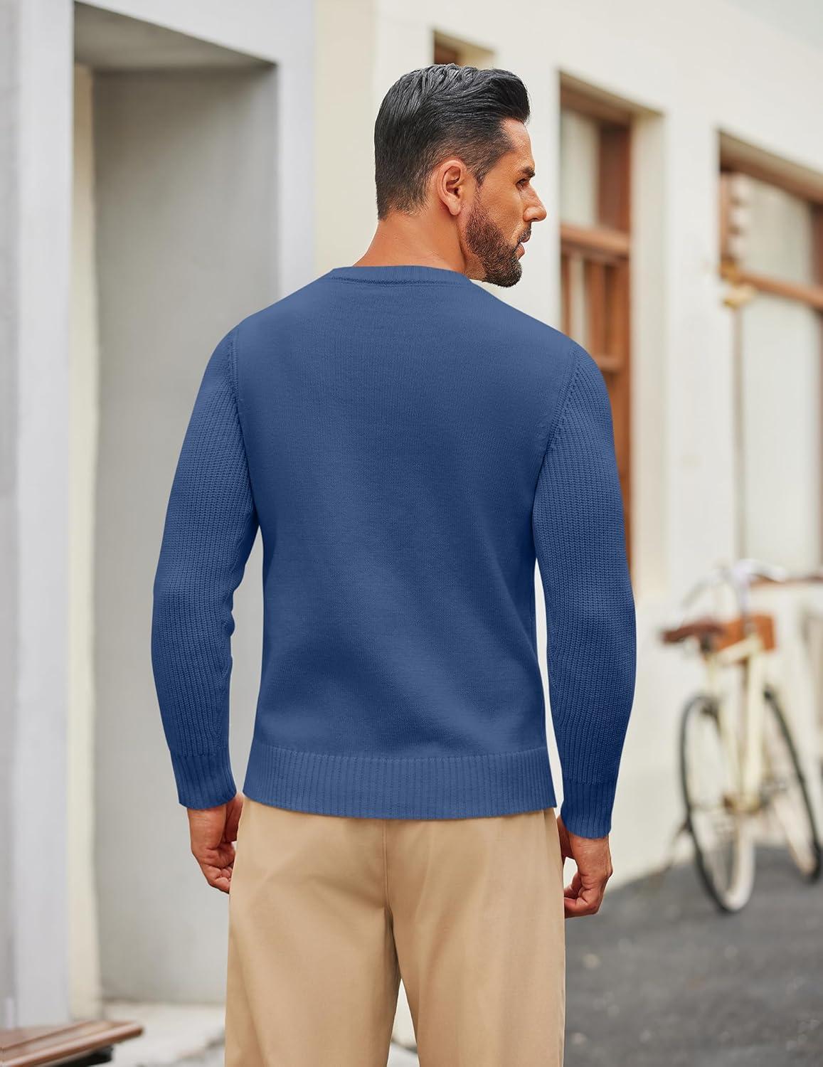 imageCOOFANDY Mens Cable Knit Sweater Casual Long Leeve Crewneck Pullover Sweaters Twist Textured Fisherman SweaterBlue