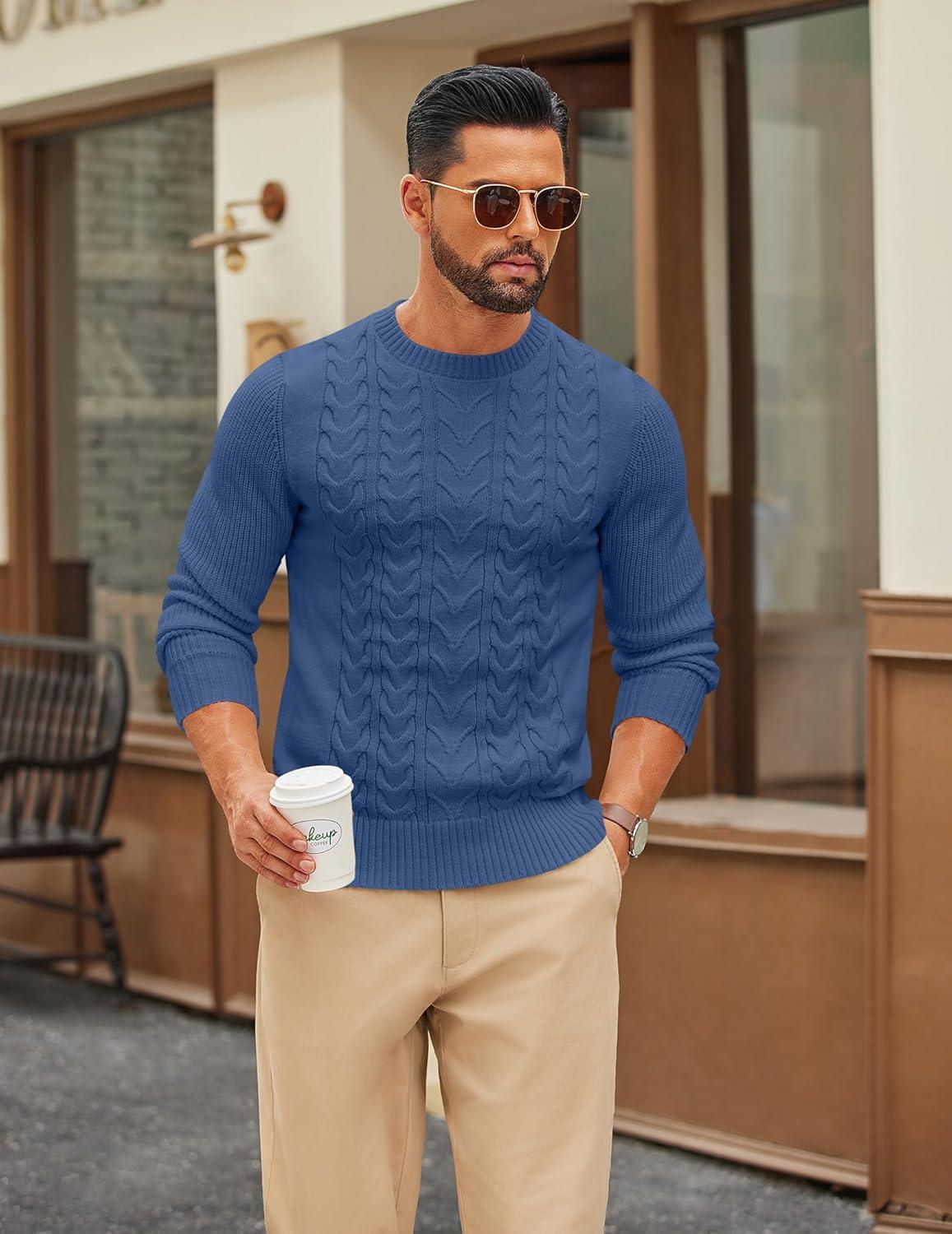 imageCOOFANDY Mens Cable Knit Sweater Casual Long Leeve Crewneck Pullover Sweaters Twist Textured Fisherman SweaterBlue