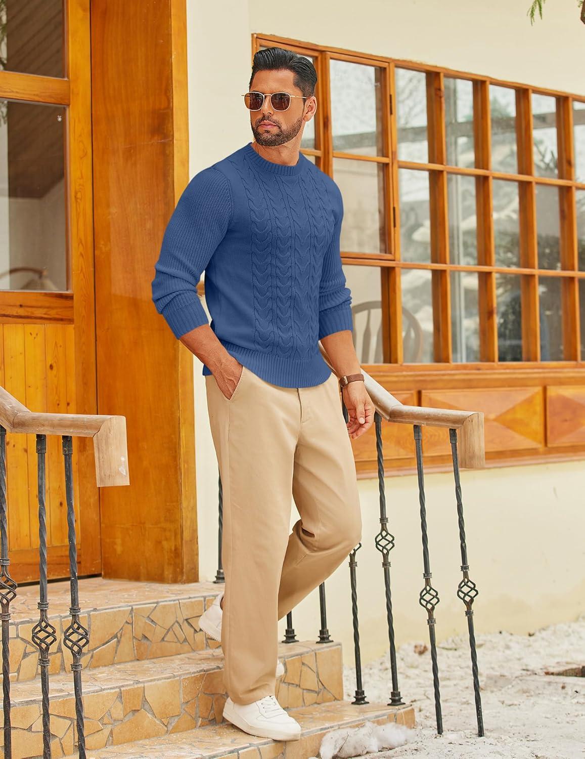 imageCOOFANDY Mens Cable Knit Sweater Casual Long Leeve Crewneck Pullover Sweaters Twist Textured Fisherman SweaterBlue