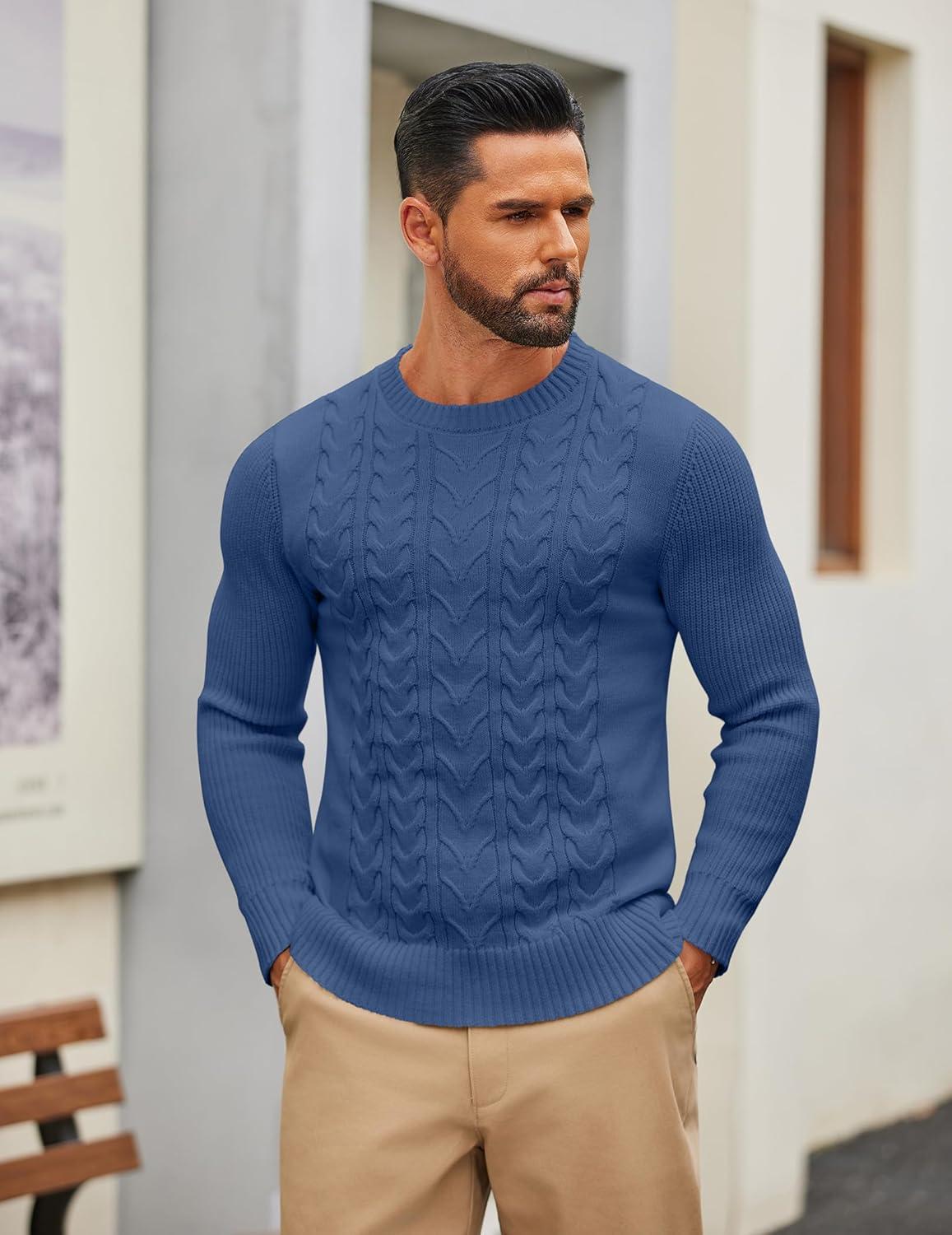 imageCOOFANDY Mens Cable Knit Sweater Casual Long Leeve Crewneck Pullover Sweaters Twist Textured Fisherman SweaterBlue