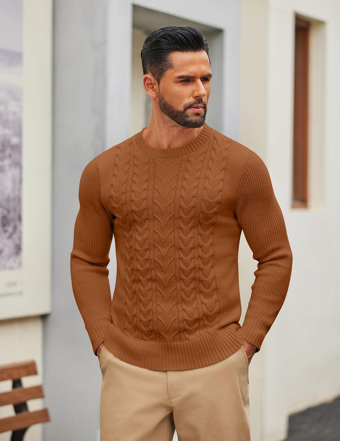 imageCOOFANDY Mens Cable Knit Sweater Casual Long Leeve Crewneck Pullover Sweaters Twist Textured Fisherman SweaterBrown
