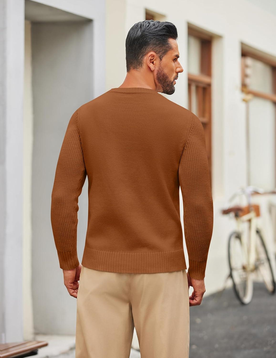imageCOOFANDY Mens Cable Knit Sweater Casual Long Leeve Crewneck Pullover Sweaters Twist Textured Fisherman SweaterBrown