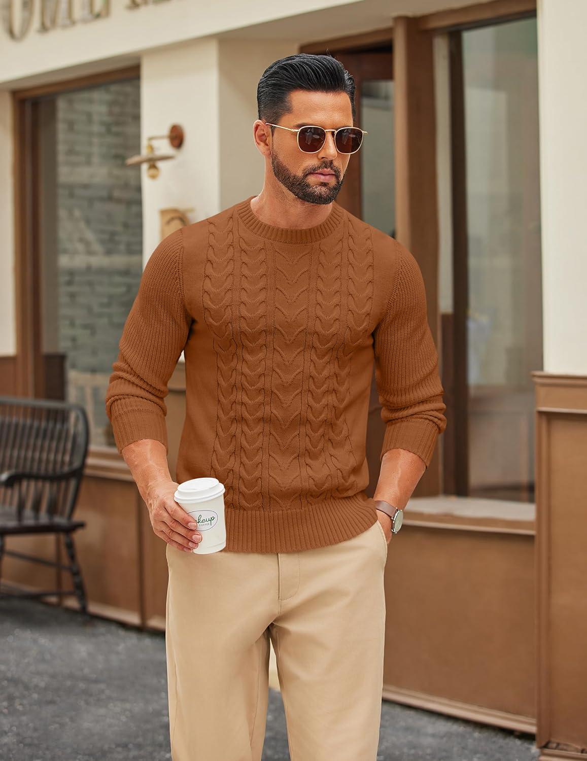 imageCOOFANDY Mens Cable Knit Sweater Casual Long Leeve Crewneck Pullover Sweaters Twist Textured Fisherman SweaterBrown