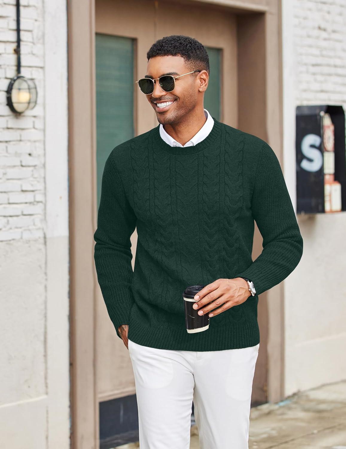 imageCOOFANDY Mens Cable Knit Sweater Casual Long Leeve Crewneck Pullover Sweaters Twist Textured Fisherman SweaterDark Green