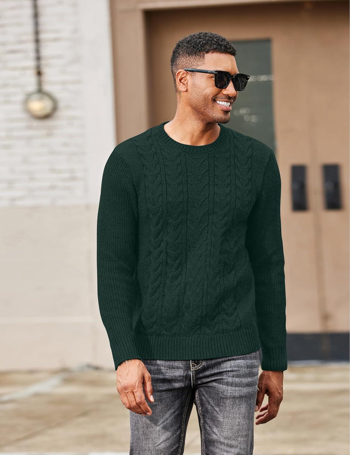 imageCOOFANDY Mens Cable Knit Sweater Casual Long Leeve Crewneck Pullover Sweaters Twist Textured Fisherman SweaterDark Green