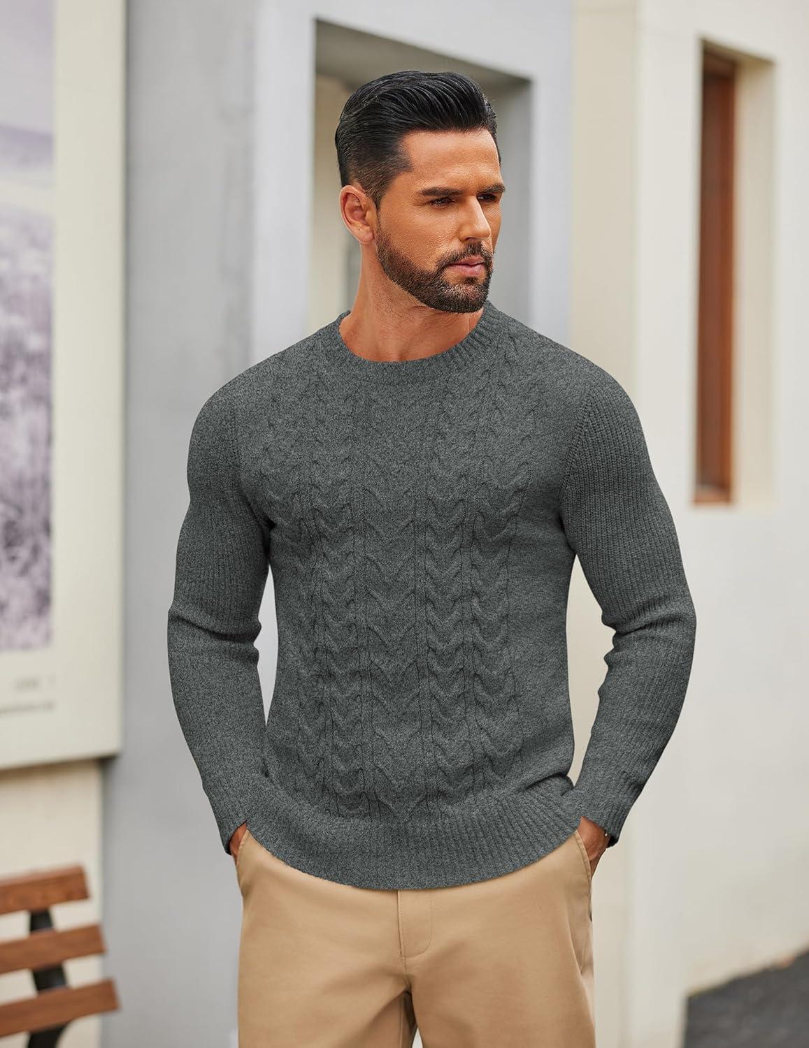 imageCOOFANDY Mens Cable Knit Sweater Casual Long Leeve Crewneck Pullover Sweaters Twist Textured Fisherman SweaterDark Grey